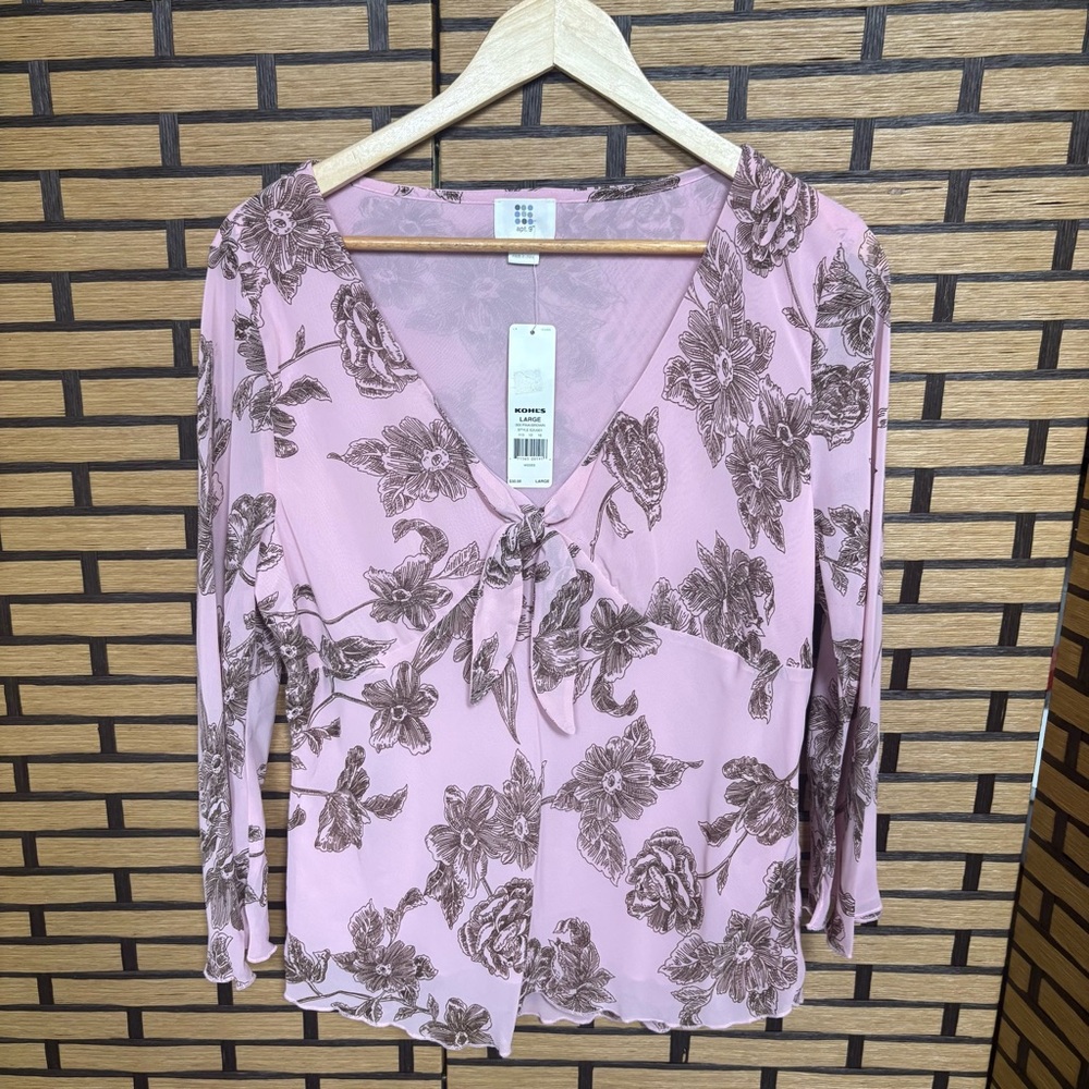 Pink Floral Tie Front Blouse‎ Size Large